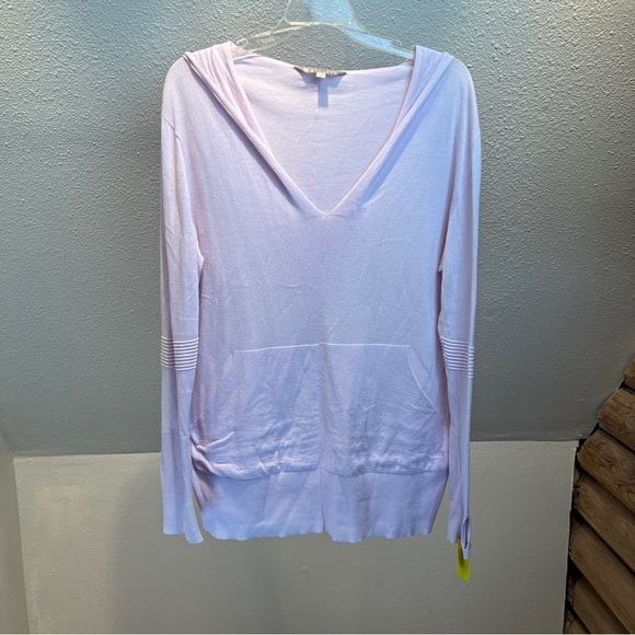 ATHLETA Pale Pink Hoodie with Deep V Neck. Kangaroo Pocket. Lightweight. Large. - Picture 1 of 6